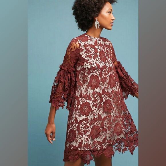 KOROVILAS Phillipa Lace Gothic Shift Dress Bell-Sleeve Whimsigoth Burgundy Sz 2 - Picture 11 of 11